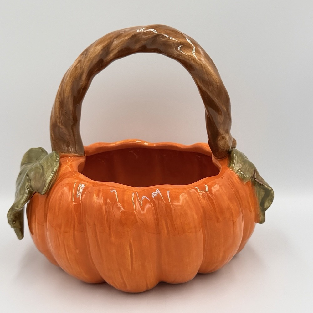 Harvest Ceramic Pumpkin Basket Orange Fall Halloween Thanksgiving Candy Bowl 9"